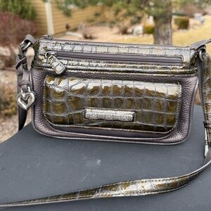 VTGBrighton, Leather, Crossbody Bag Croc Embossed Pewter Gray Purse Card Holder